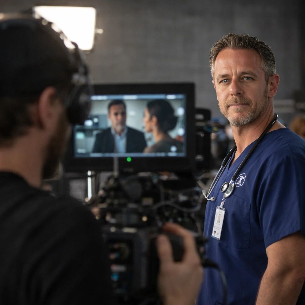 EMS consultant advising actors and a film director on realistic emergency medical scene placement