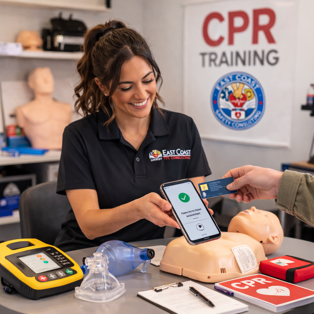 CPR instructor accepting a student payment for a certification class