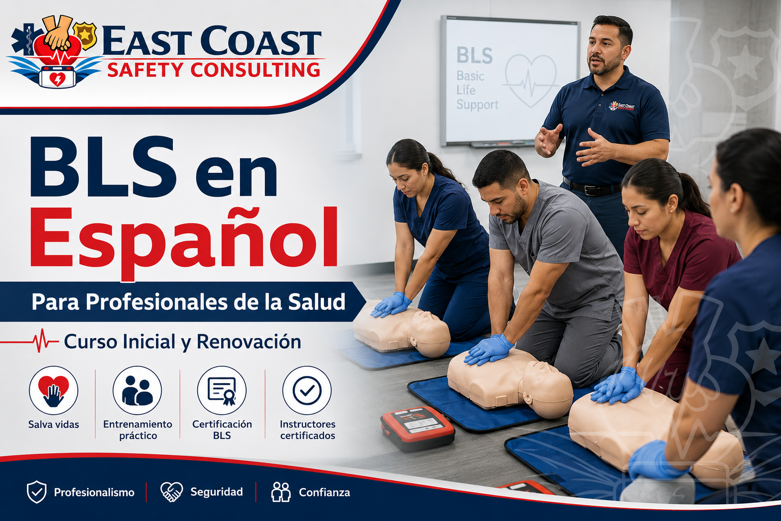 Instructor enseñando certificación BLS en español a profesionales de la salud