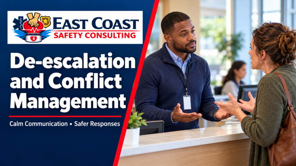 East Coast Safety Consulting de-escalation and conflict management course, showing an employee calmly speaking with a visitor.